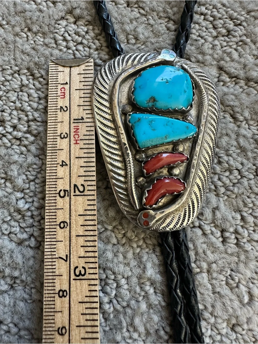 Effie Calavaza Zuni Sterling Silver Turquoise Coral Snake Bolo Tie